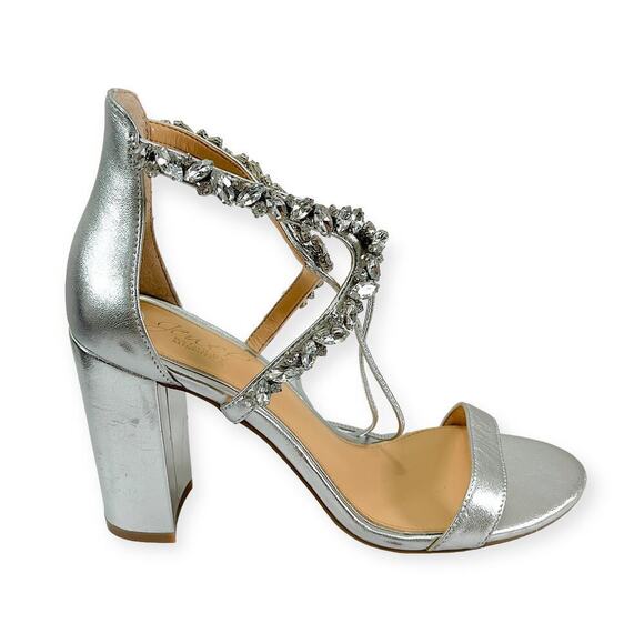 Jewel Badgley Mishka NEW Thamar Crystal Strappy Block Heel Silver Women's Sz 8.5 - Picture 1 of 14